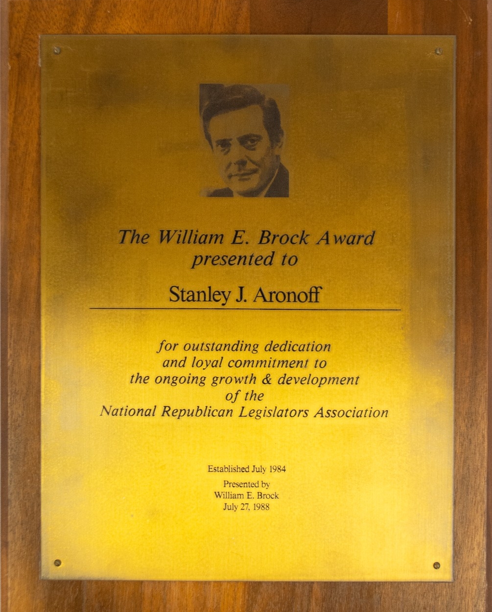 The William E. Brock Award presented to Stanley J. Aronoff, for outsstanding dedication and loyal commitment to the ongoing growth & development of the National Republican Legislators Association.