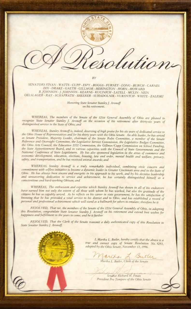 An image of an award for Stanley Aronoff from the Ohio School of Deaf