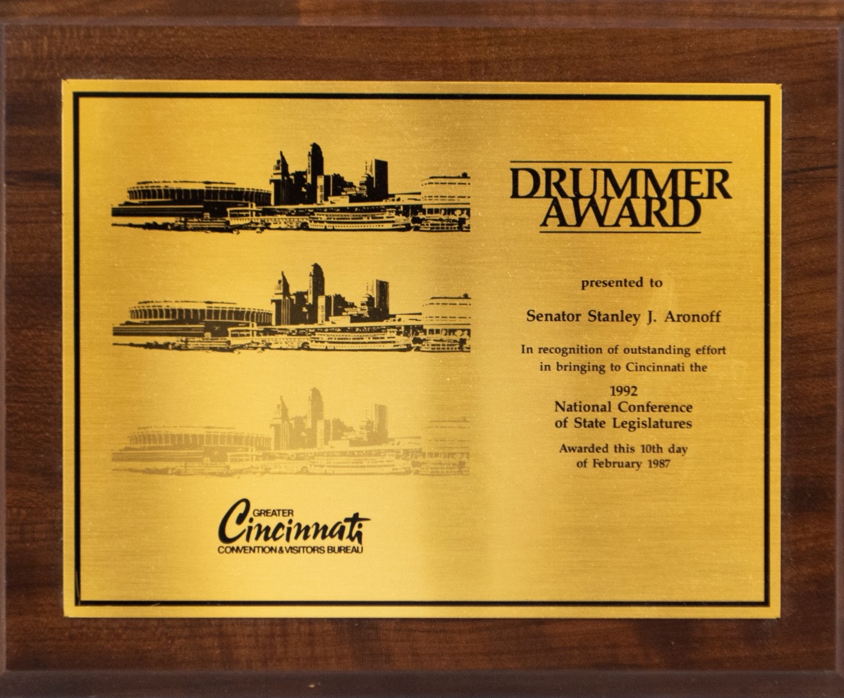 Drummer Award Presented to Senator Stanley J. Aronoff