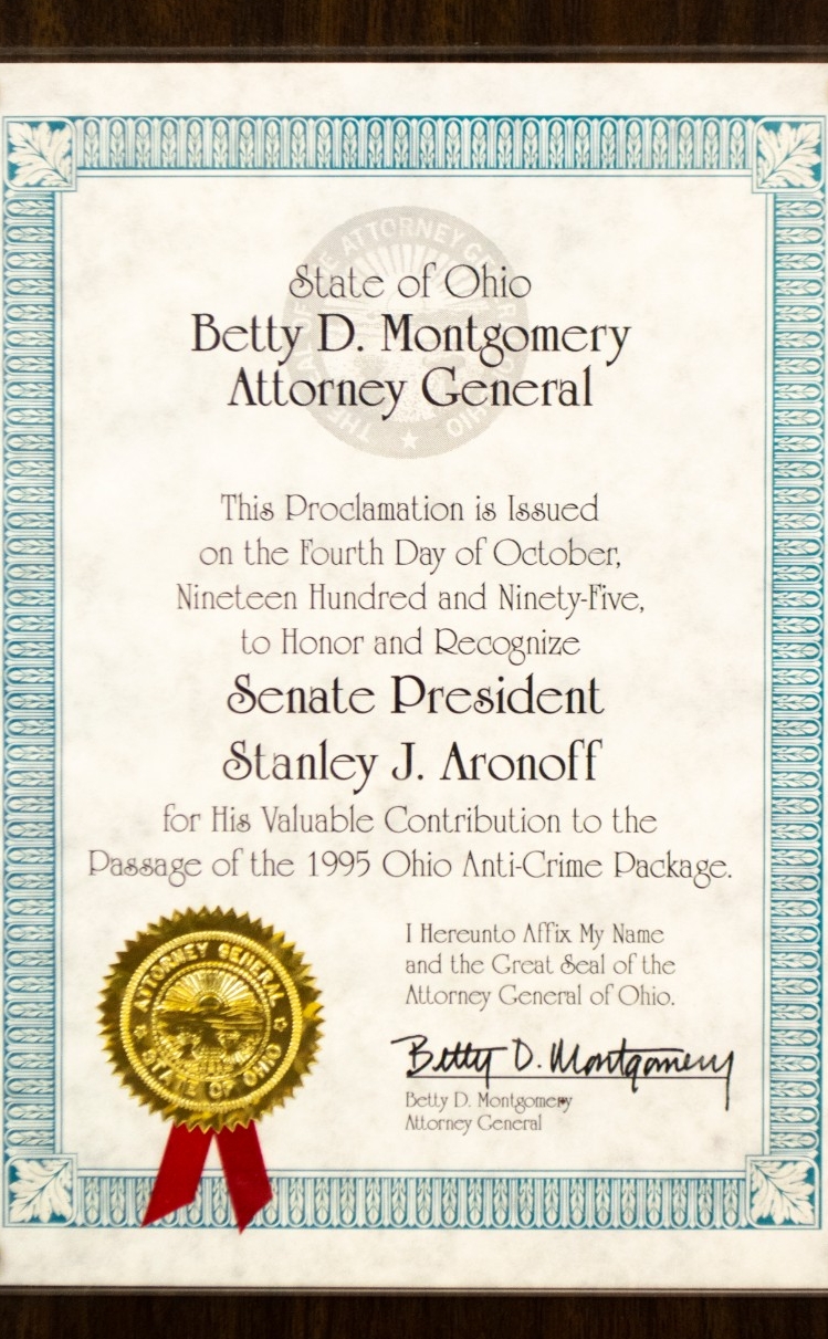 Proclamation presented to Stanley Aronoff by the Attorney General
