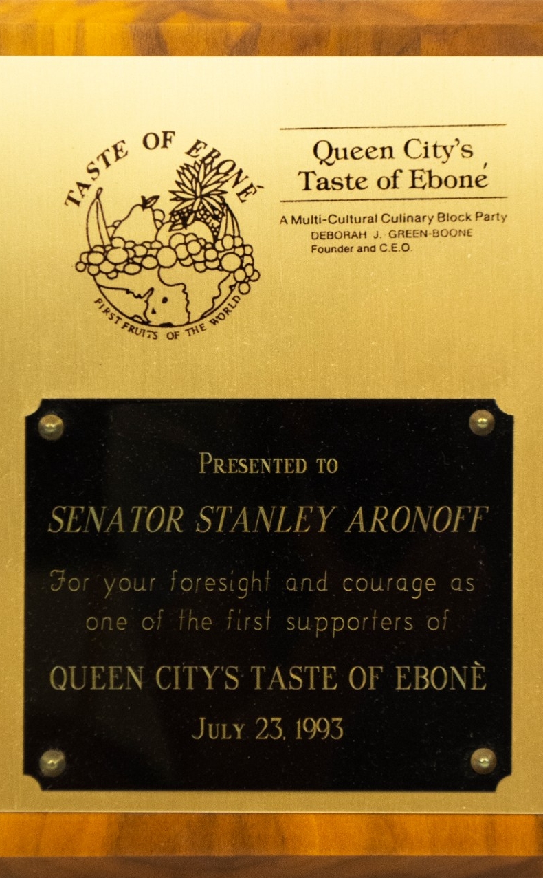 Plaque presented to Stanley Aronoff by Queen City's Taste of Ebone