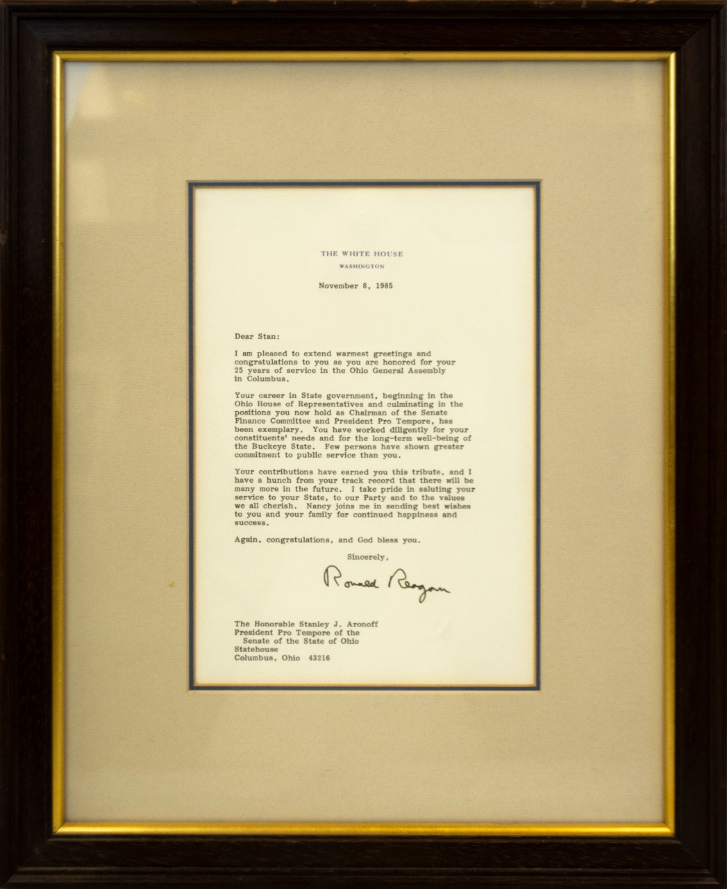 Letter to Stanley Aronoff from President Ronald Regan