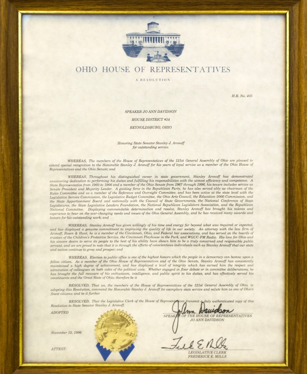 Letter from the Ohio House of Representatives Honoring State Senator Stanley J. Aronoff