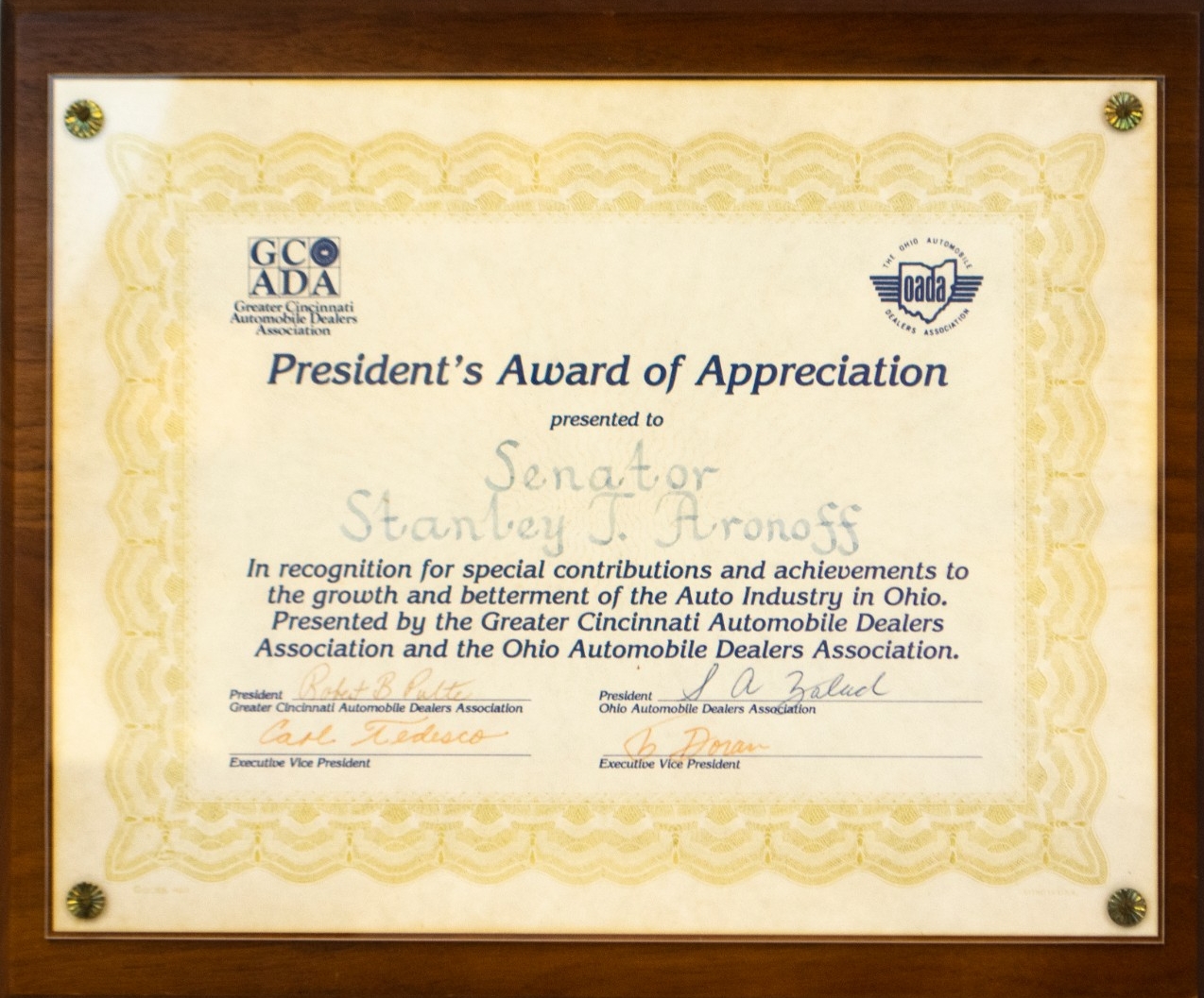 Greater Cincinnati Automobile Dealers Association President's Appreciation Award Presented to Stanley J. Aronoff