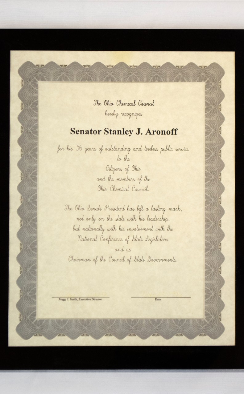 The Ohio Chemical Council recognizes Senator Stanley J. Aronoff