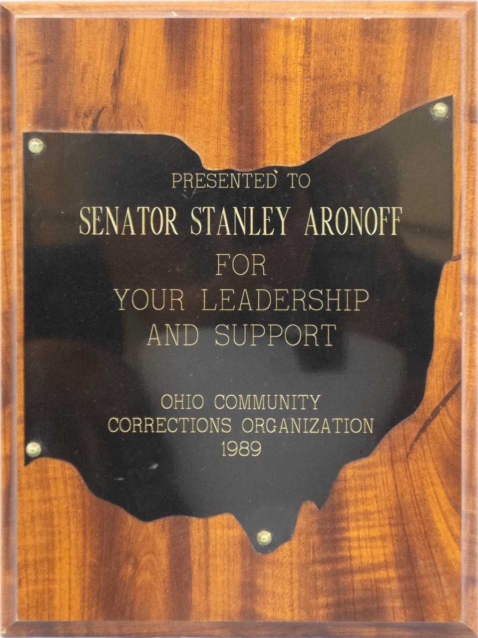 Plaque presented to Stanley Aronoff by Ohio Community Corrections Organization