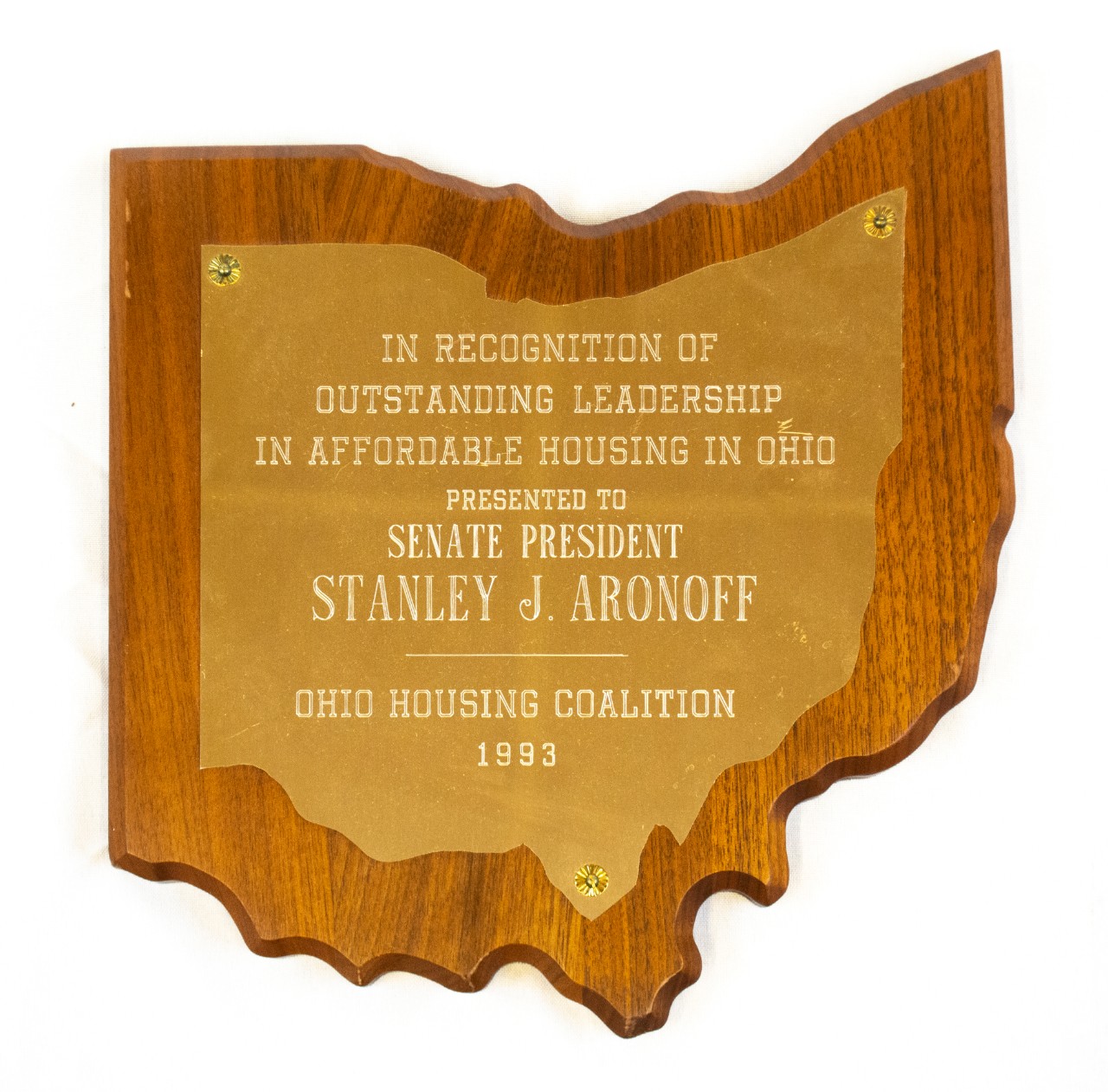 Ohio Housing Coalition presents an award to Senate President Stanley J. Aronoff in recognition of outstanding leadership in affordable housing in Ohio.