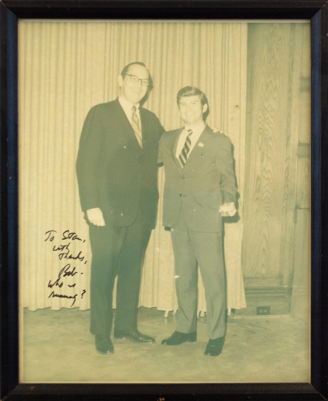 An image of Stanley J. Aronoff with his friend Bob,  a message is written to Stan