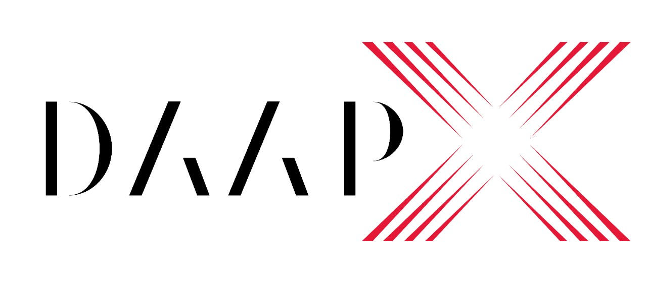 Graphic logo on a light gray background reading “DAAPX.” The letters “DAAP” appear in bold black stylized typography. The “X” is large and bright red, formed by multiple parallel diagonal lines that intersect to create a dynamic, layered effect.