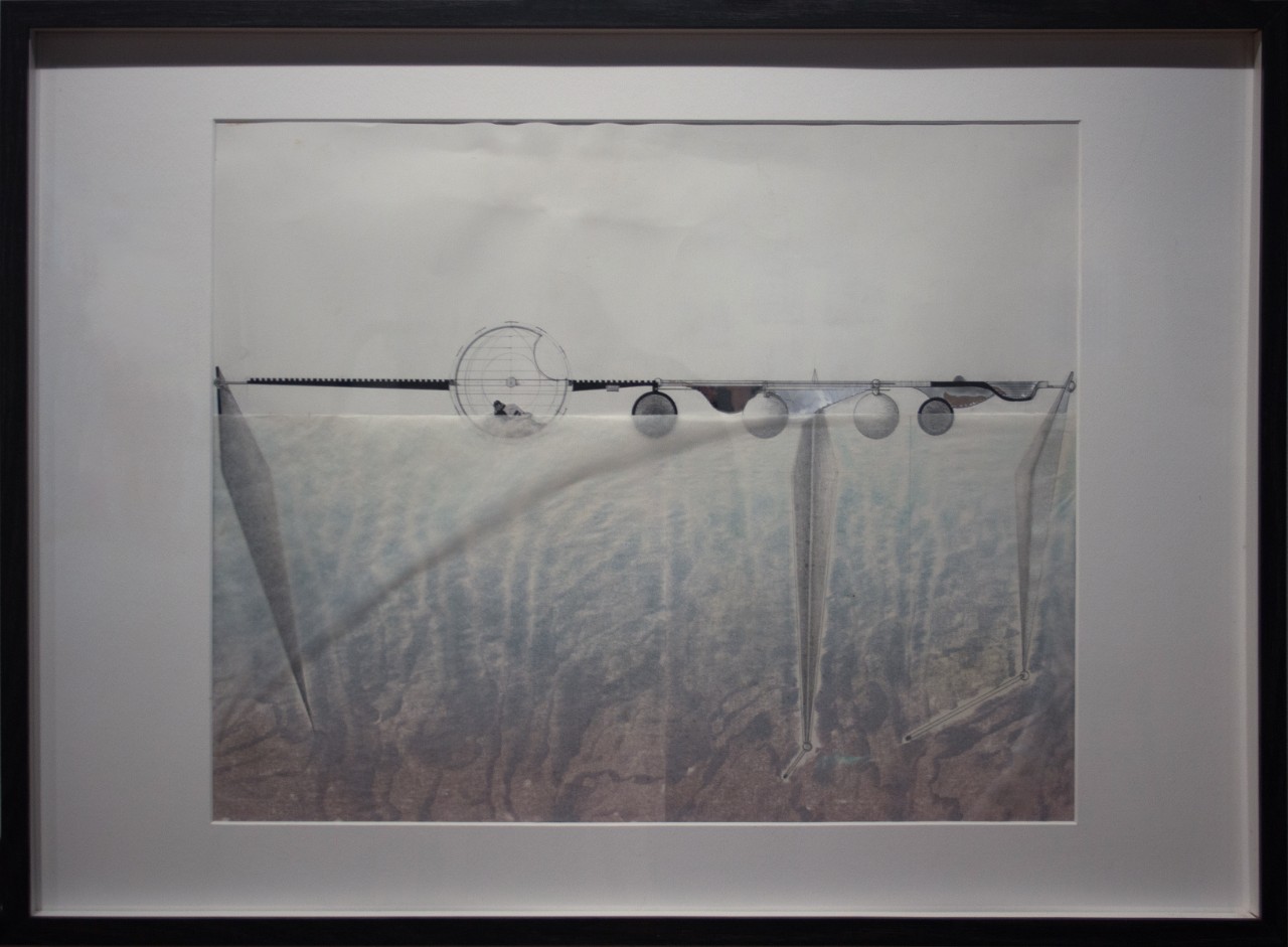 Aaron Tobey, House of Puzzle Maker, section through working/sleeping spaces at low tide, mixed media