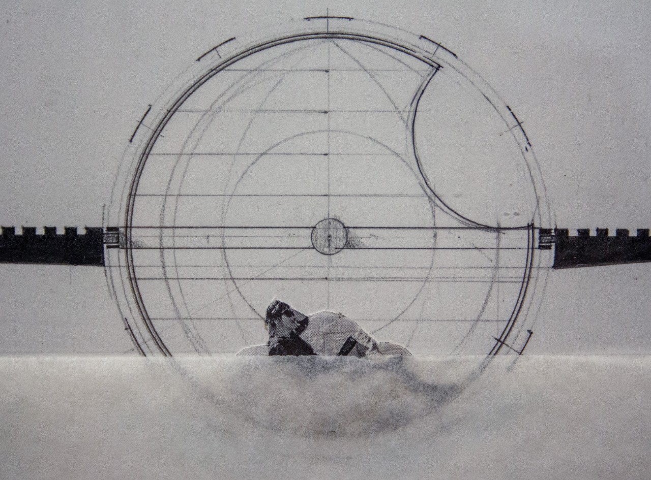 Aaron Tobey, House of Puzzle Maker, section through working/sleeping spaces at low tide, mixed media, detail