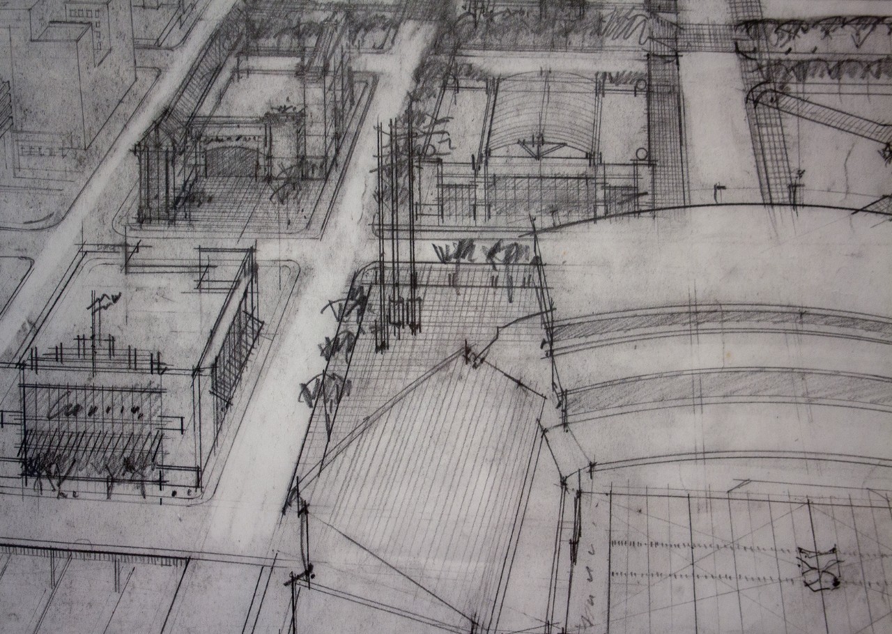 Michael Schuster, Cincinnati Riverfront, graphite on Vellum, detail