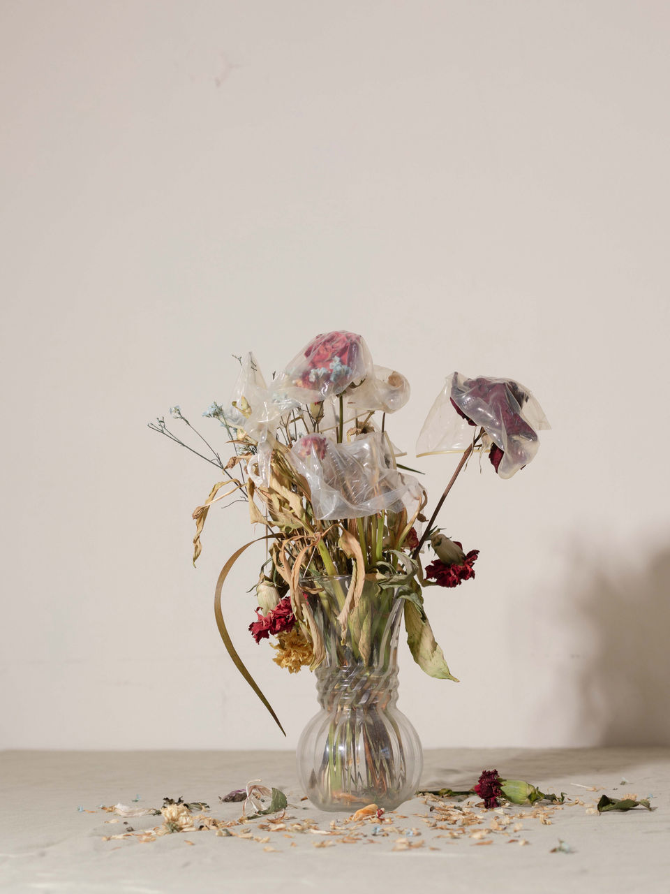 Color photograph of a wilted bouquet of colorful flowers wrapped in crinkled clear plastic and arranged in a small glass vase, with dried petals scattered across the surface below. Titled "Untitled" by Addi Eichbauer, 2023; photograph in UC DAAP Galleries' Reed Gallery Exhibit Long Exposure