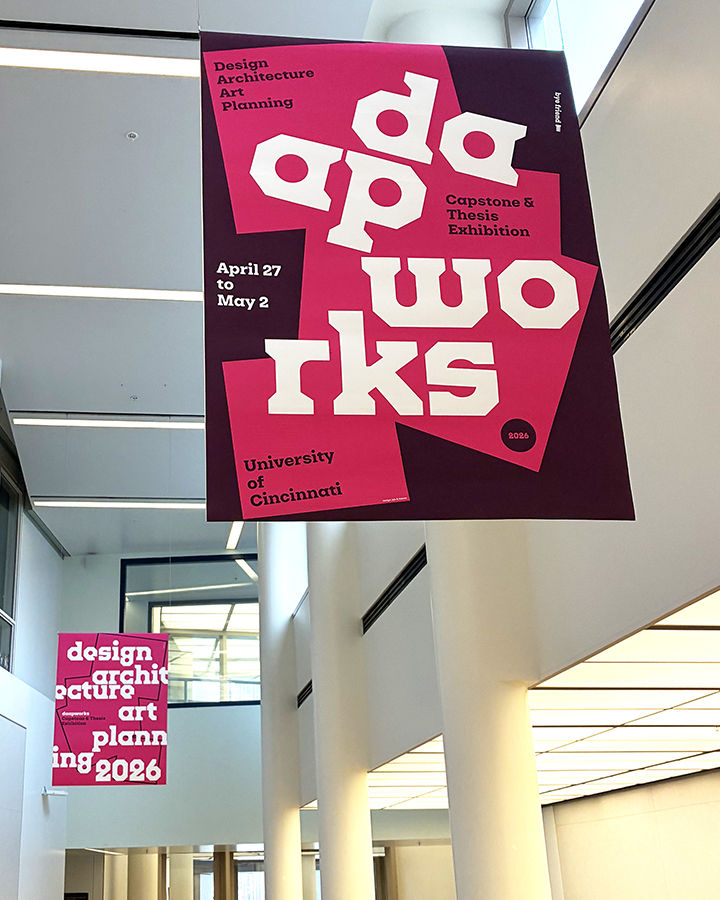 DAAPworks 2026 hanging signs in DAAP 5th floor entrance