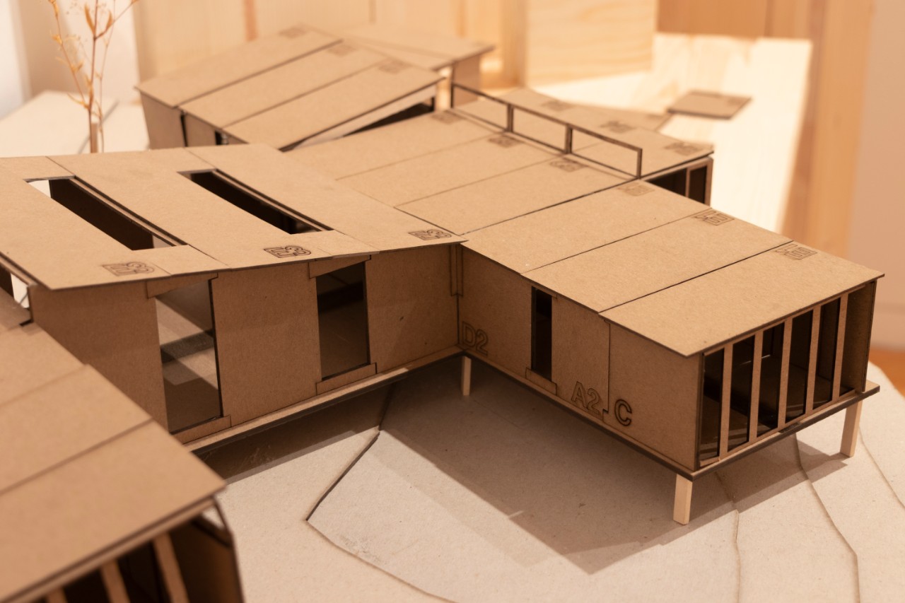 prints on paper, chipboard model, wood installation