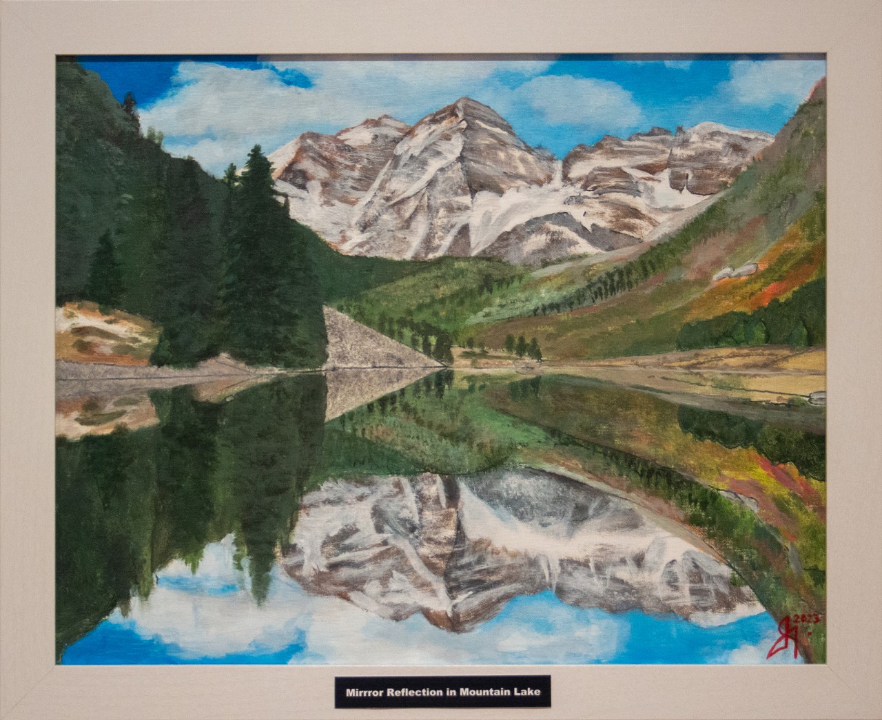 James J. Augsburger, mirror reflection on mountain lake, acrylic and oil on canvas board