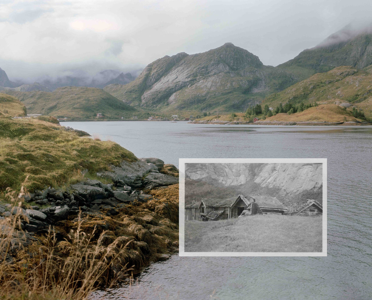 Color photograph of mountain landscape with black-and-white image in lower right of composition, Untitled (Norway and archives of grandma) by Emmaline Carter, 2024; photograph in UC DAAP Galleries' Reed Gallery Exhibit Long Exposure