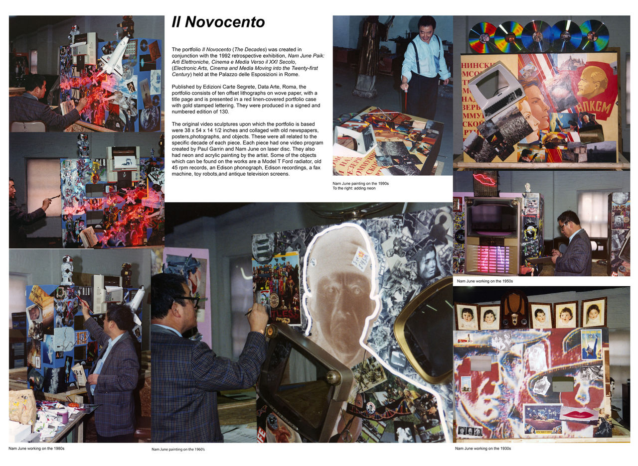 Panel titled “II Novocento” with portfolio images, Nam June Paik working, collaged artworks, and neon elements