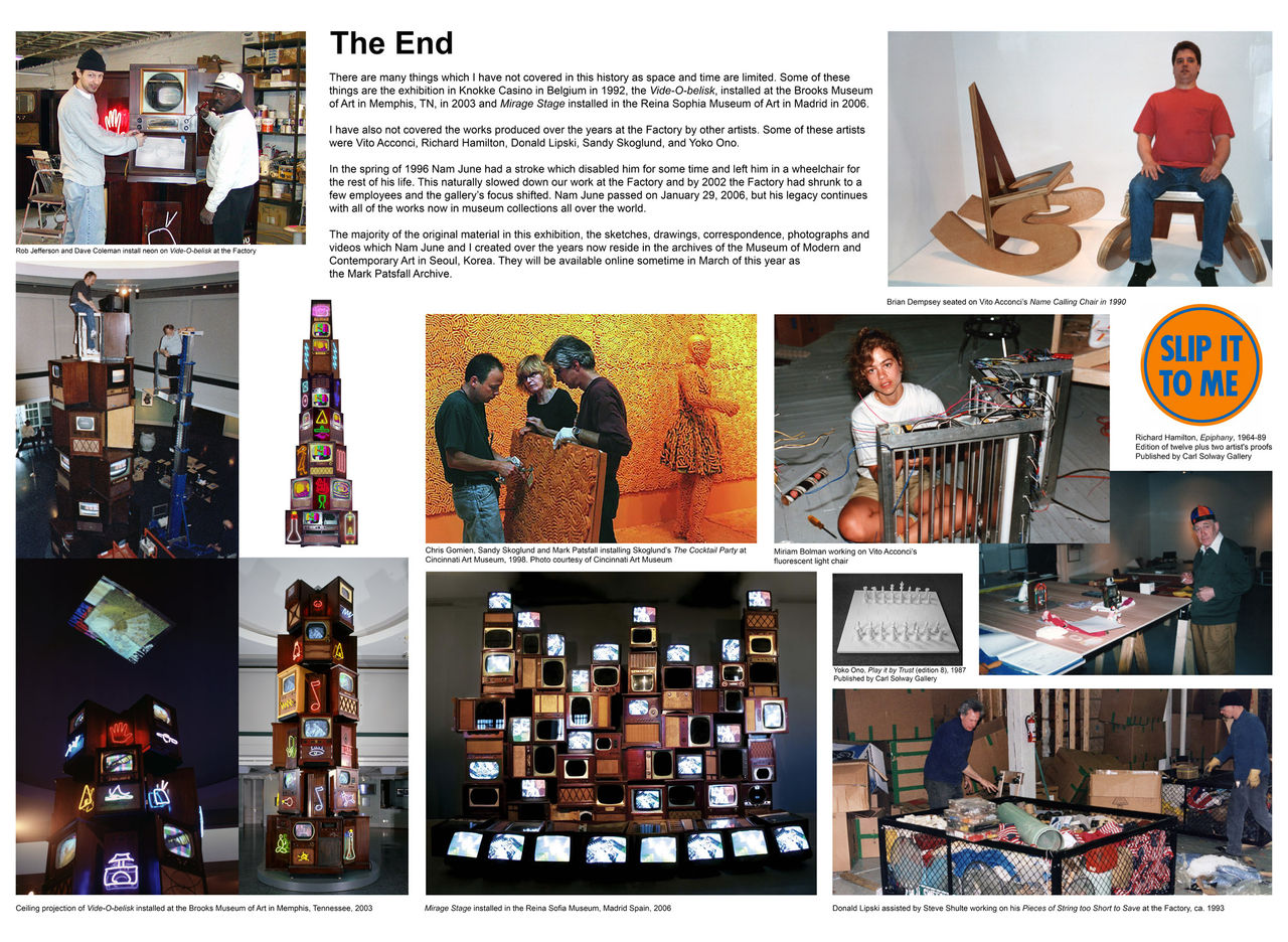 Panel titled “The End” with archival photos of installations, artists at work, and video sculptures in museums
