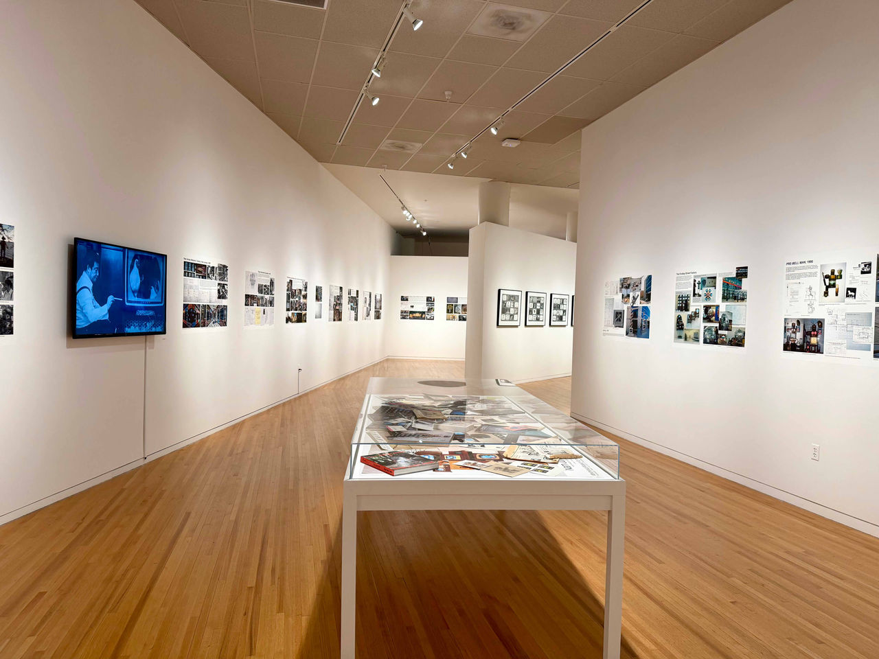 Wide view of Area C featuring wall texts, framed works, a video monitor, and a central display case of archival materials