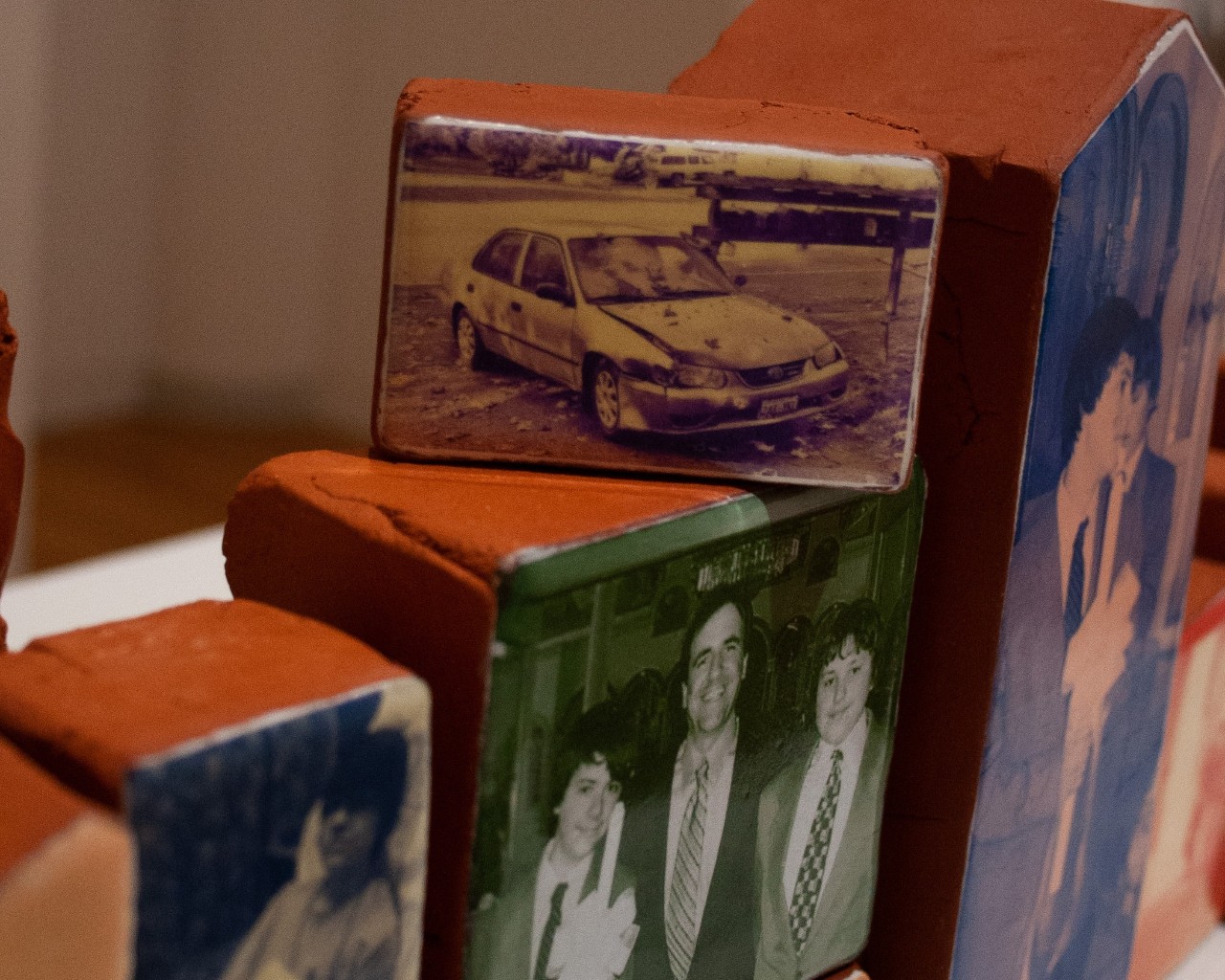 detail on ceramic block with photo of car on it