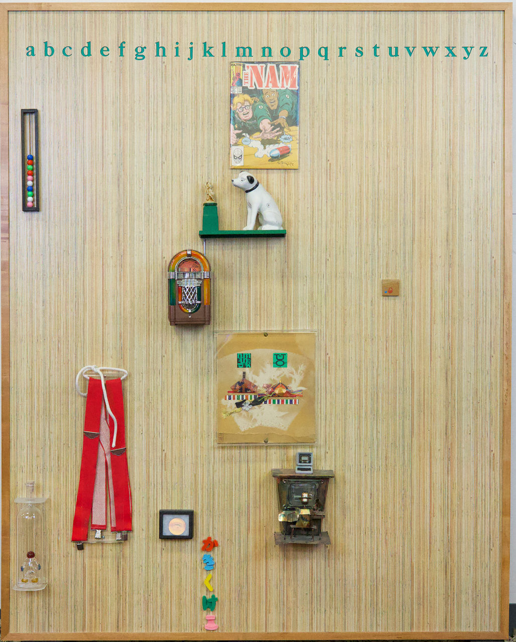 Emmett Williams, "Portrait of Nam June Paik", found objects on wood, 1993, 61 x 49 in.
