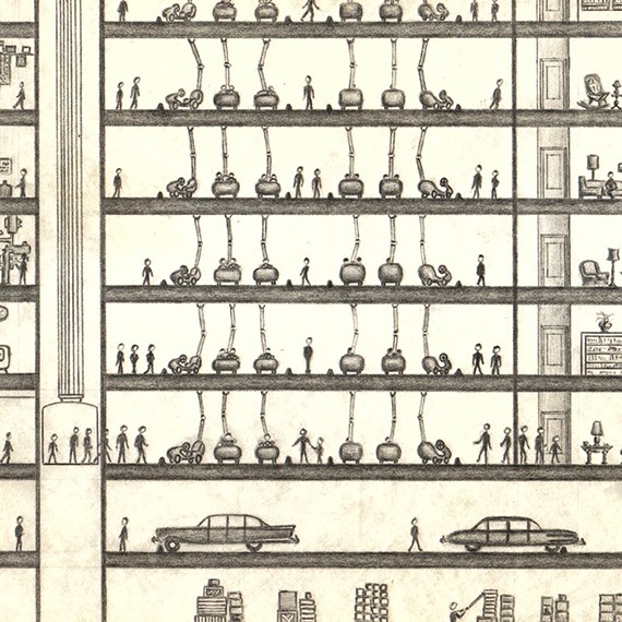 Detailed sketch of bumper car transportation and elevators