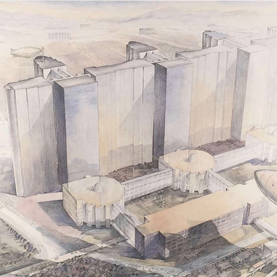 An aerial view of Orville Simpson's drawing of Victory City